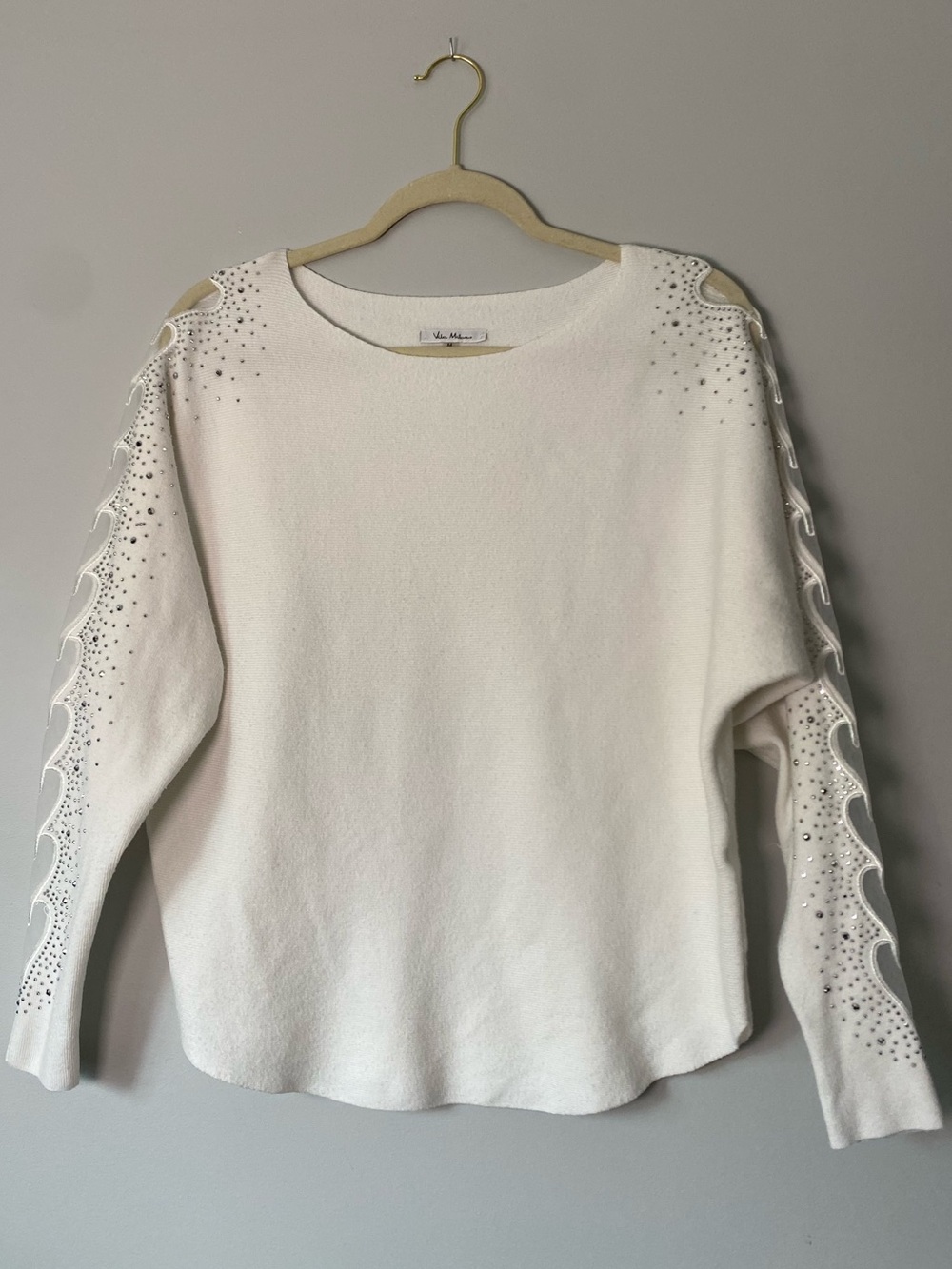 V Milano White Silver Rhinestone & Mesh Sleeve Sweater, Size M